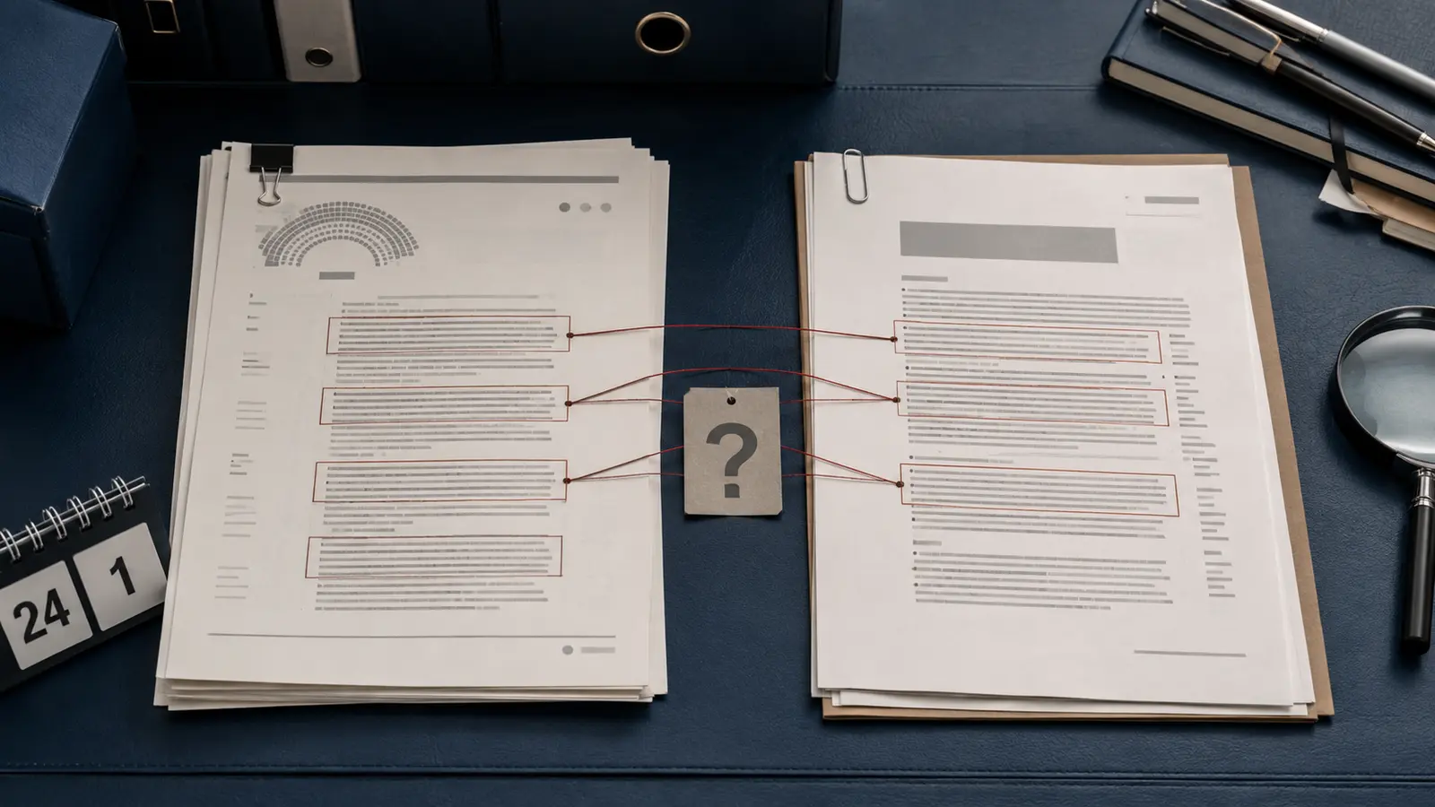 Deux documents comparés côte à côte, avec des passages correspondants reliés autour d’un point d’interrogation sur leur origine