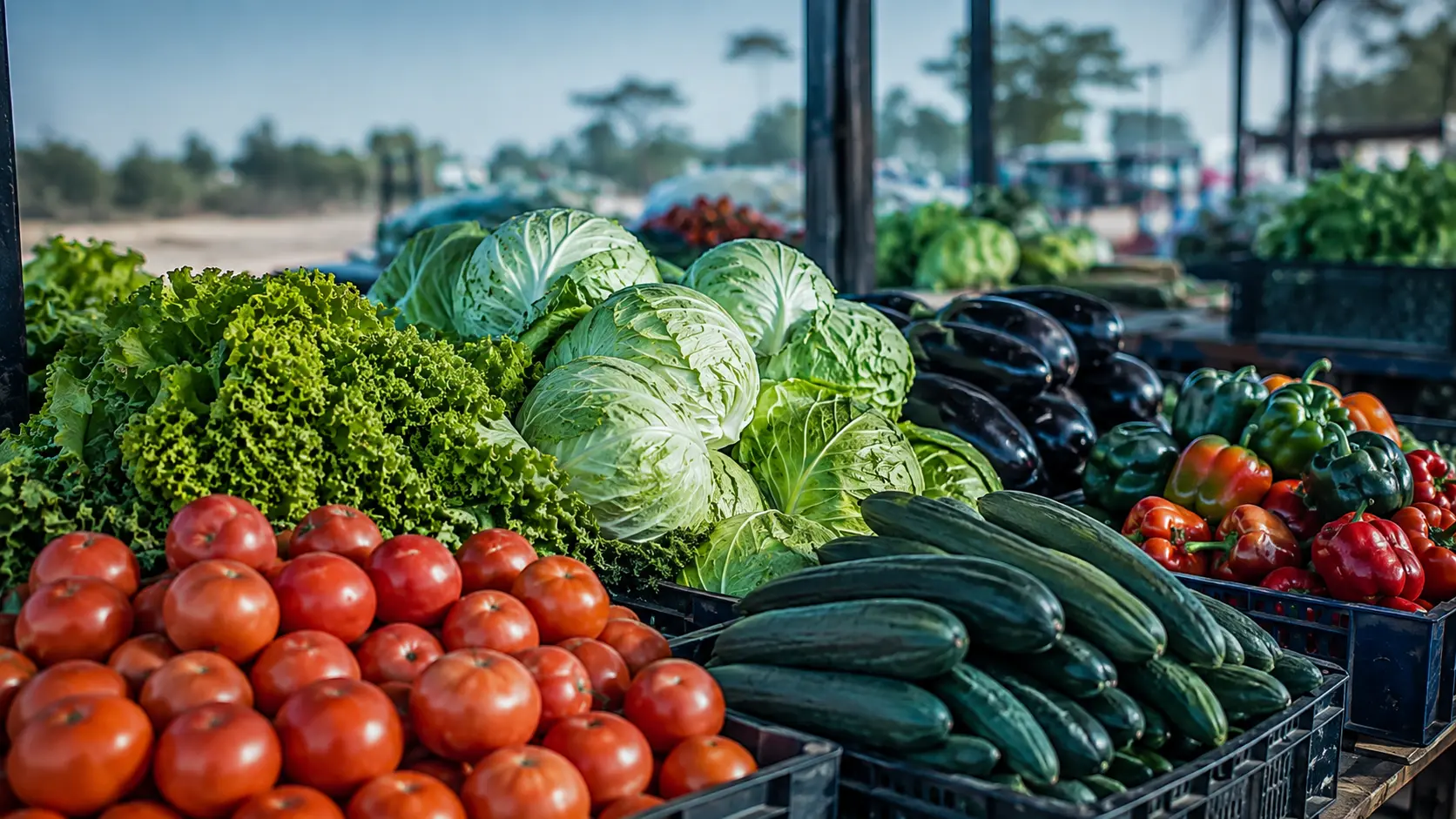 Étal de marché présentant des tomates, des laitues, des choux, des concombres, des aubergines et des poivrons
