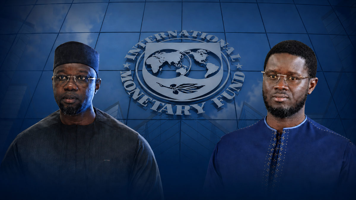 Photomontage éditorial réunissant Ousmane Sonko, Bassirou Diomaye Faye et le symbole du FMI