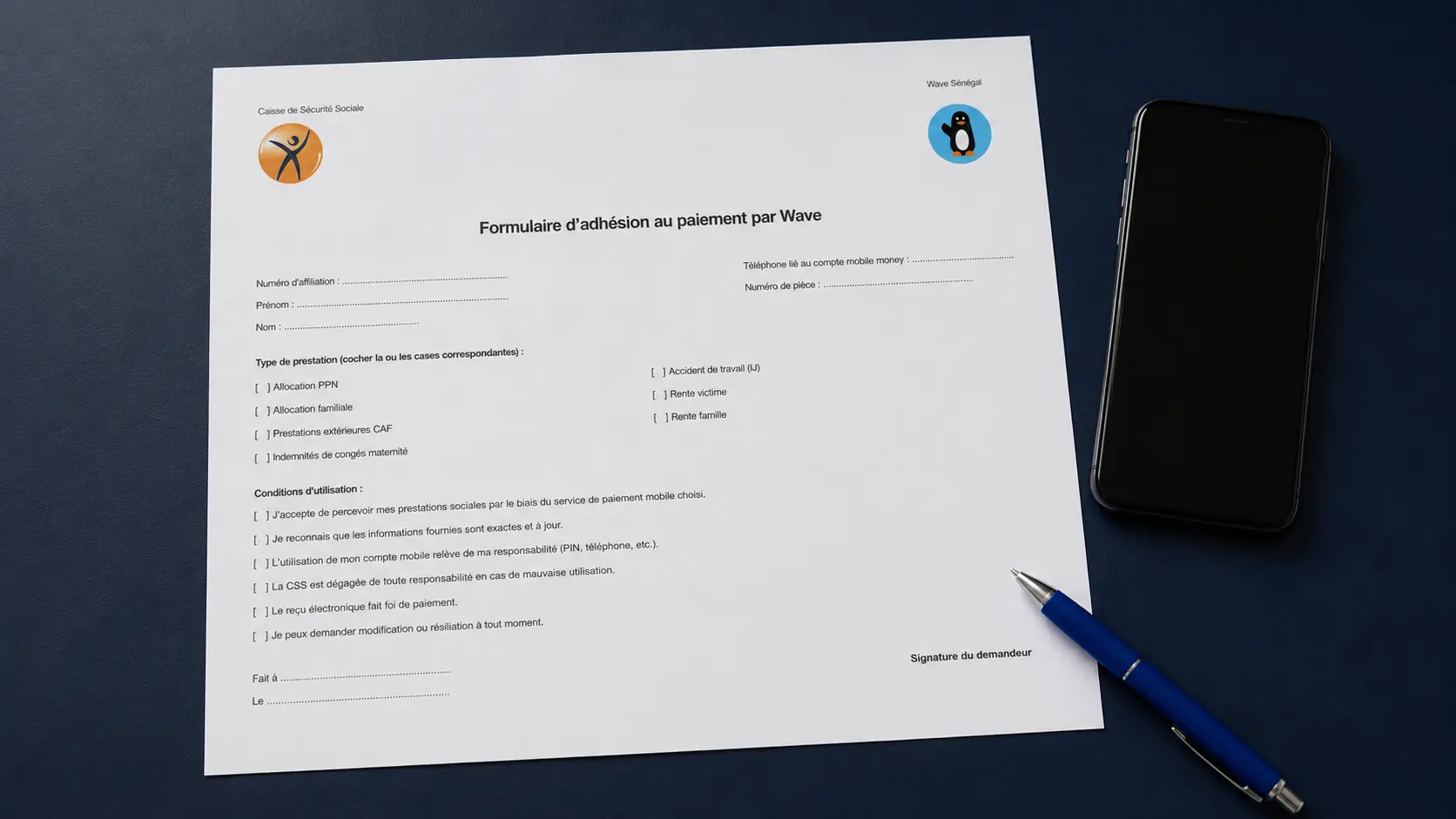 Formulaire officiel vierge d’adhésion au paiement des prestations CSS par Wave, posé près d’un téléphone à écran éteint