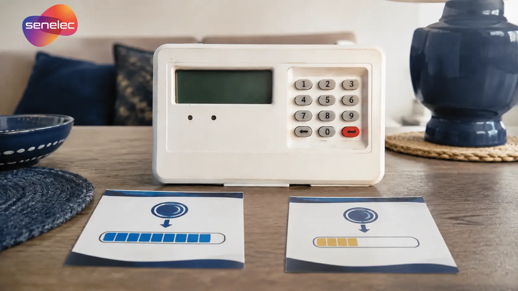 Compteur électrique prépayé Woyofal avec le logo SENELEC devant deux jauges inégales représentant une même recharge facturée dans deux tranches différentes
