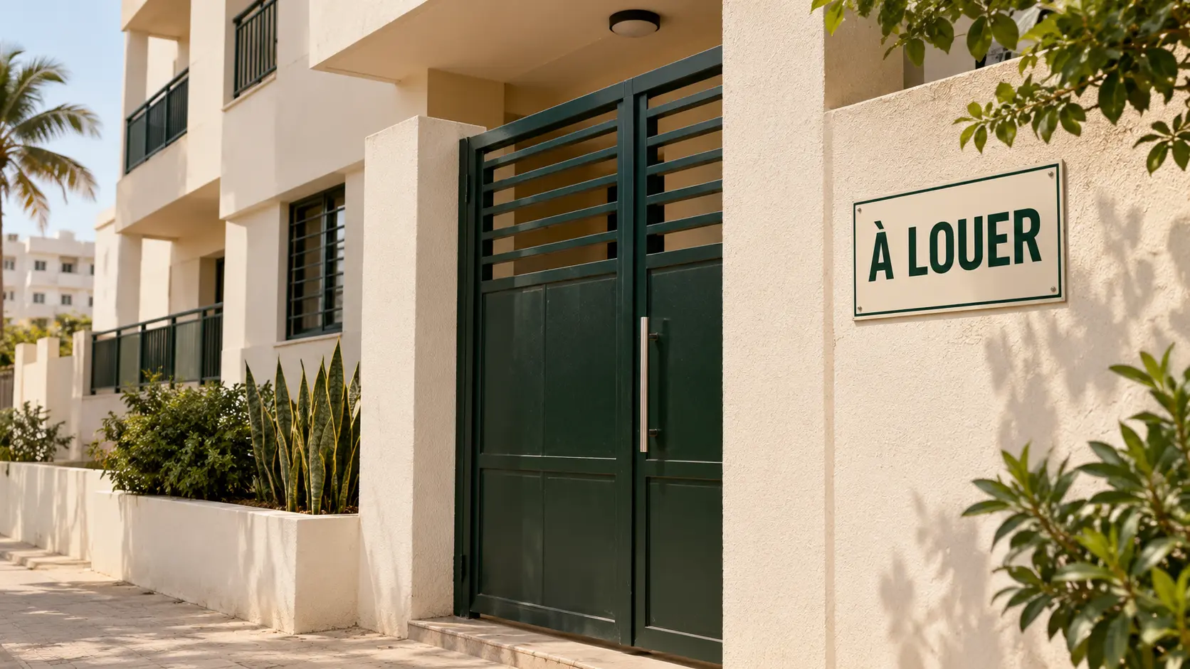 Façade d’un immeuble résidentiel avec un portail vert et une pancarte À LOUER